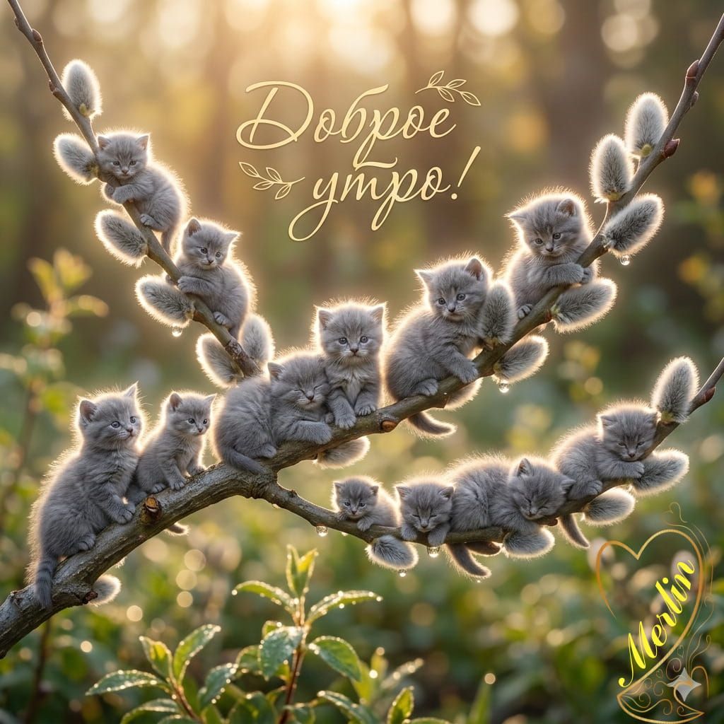 Открытка «С добрым утром»: Доброе утро: милые котята на вербе в лучах солнца. Тэги: кот, животное, пожелание, позитив…