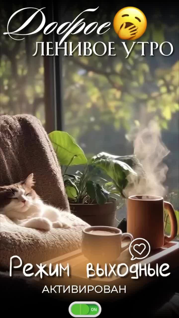 Открытка «С добрым утром»: Доброе ленивое утро: режим выходные активирован!. Тэги: кот, животное, пожелание, позитивн…