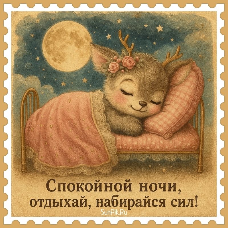 Открытка «Доброй ночи»: Спокойной ночи: милый олененок под полной луной. Тэги: Спокойной ночи, Спокойной ночи, с поже…