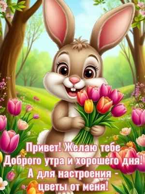 Открытка «С добрым утром»: С добрым утром: милый зайка и букет тюльпанов. Тэги: Хорошего дня, Для поднятия настроения…