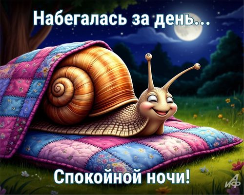 Открытка «Доброй ночи»: Спокойной ночи: милая улитка под уютным одеялом. Тэги: Спокойной ночи, Спокойной ночи, с поже…
