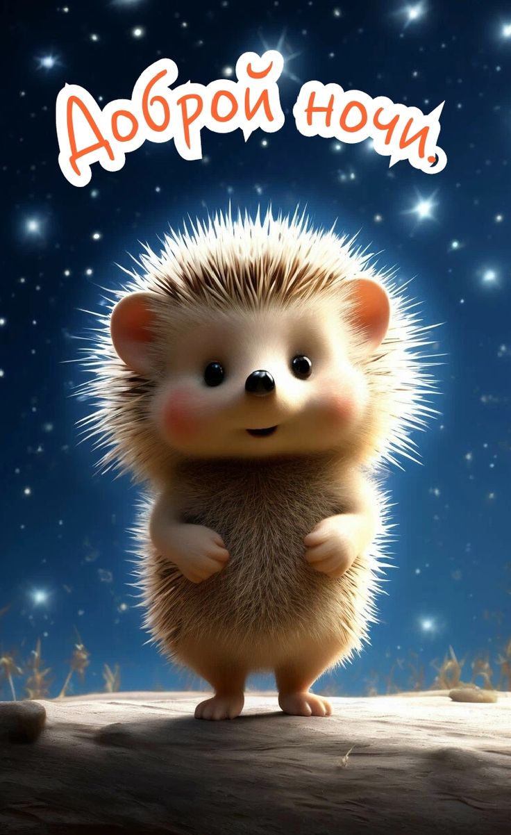 Открытка «Доброй ночи»: Доброй ночи: Милый ежик под звездным небом. Тэги: Спокойной ночи, Спокойной ночи, с пожелания…