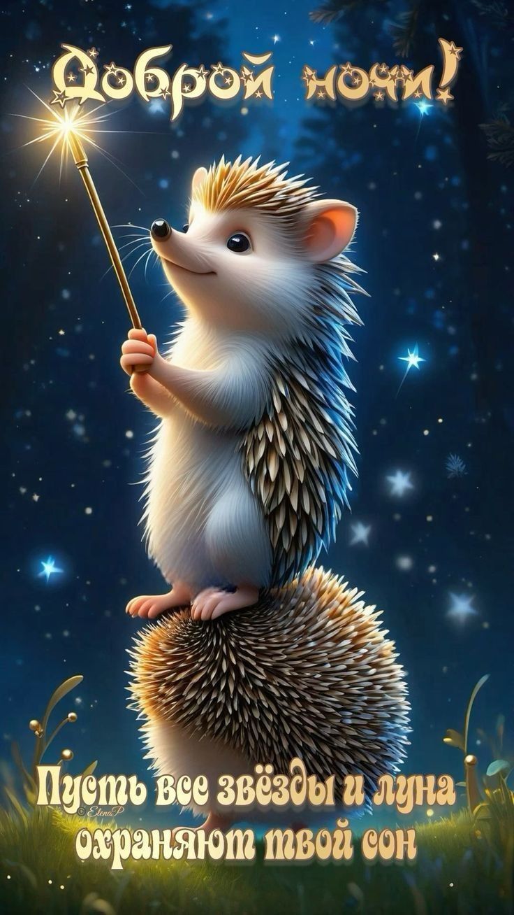Открытка «Доброй ночи»: Доброй ночи: Волшебный ежик и звездное небо. Тэги: Спокойной ночи, Спокойной ночи, красивые…