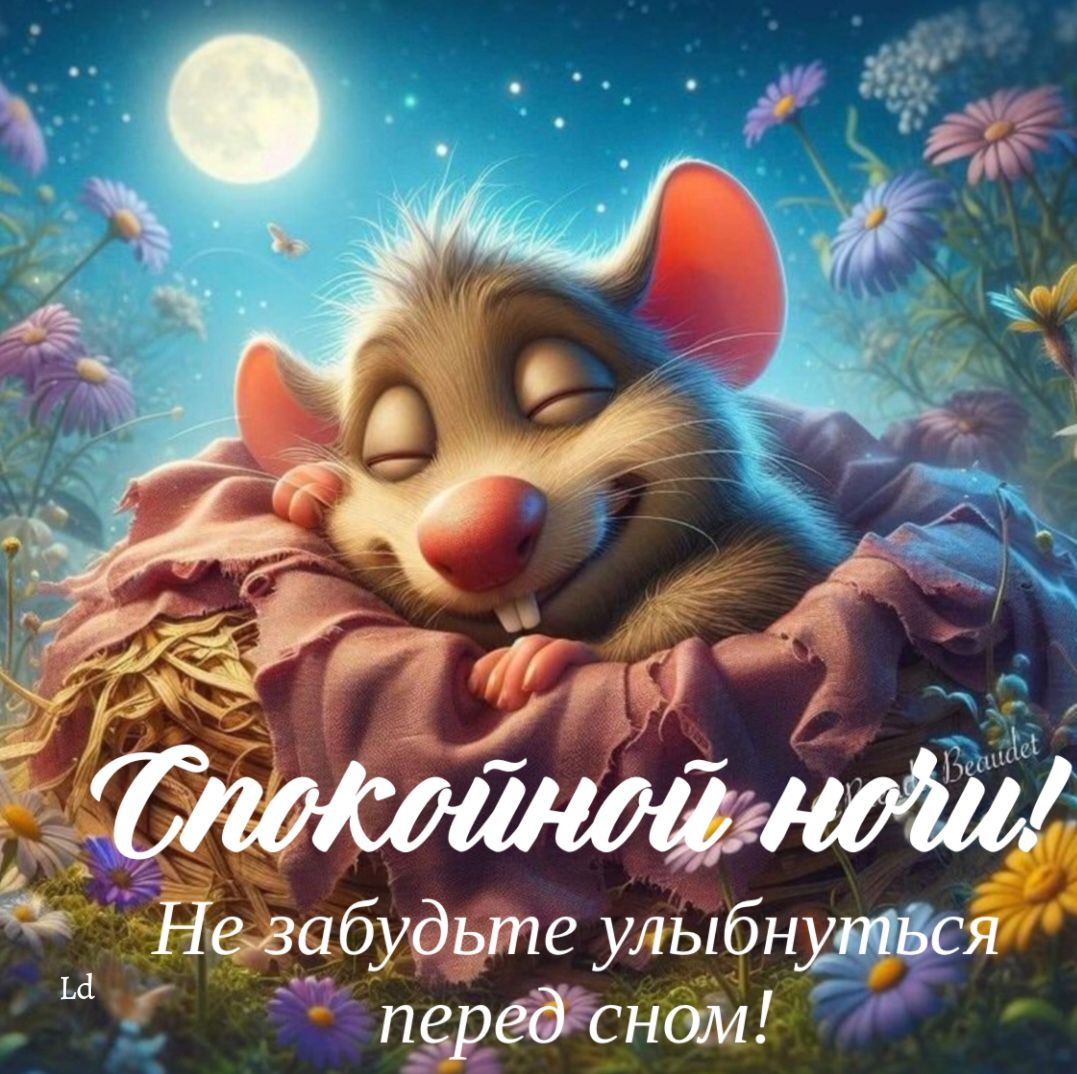 Открытка «Доброй ночи»: Доброй ночи: Мышонок в цветах и пожелание улыбки. Тэги: Спокойной ночи, Спокойной ночи…