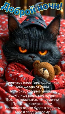 Открытка «Доброй ночи»: Доброй ночи! Пожелание спокойной ночи с черным котом. Тэги: Спокойной ночи, Спокойной ночи…