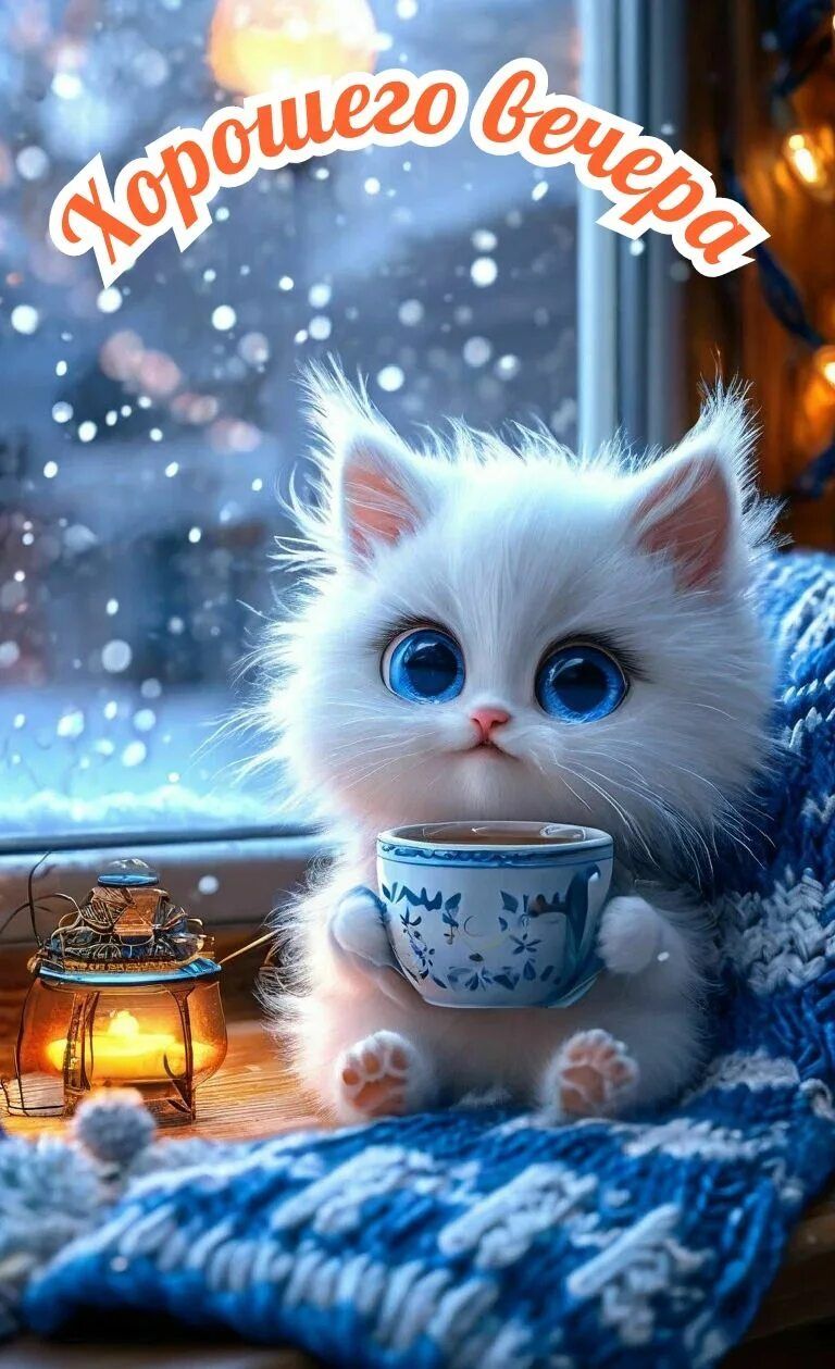 Открытка «Добрый вечер и пожелания»: Добрый вечер: «Белый котенок с чашкой чая». Тэги: Добрый зимний вечер, Доброго в…