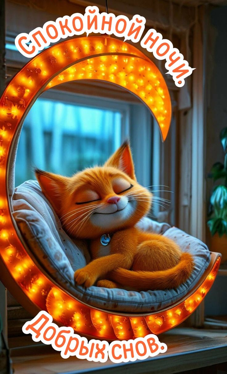 Открытка «Доброй ночи»: Спокойной ночи: рыжий кот на светящемся месяце. Тэги: Спокойной ночи, Спокойной ночи, с пожел…
