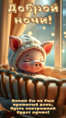 Открытка «Доброй ночи»: Доброй ночи: милый поросенок и мудрое пожелание. Тэги: Спокойной ночи, Спокойной ночи, с поже…