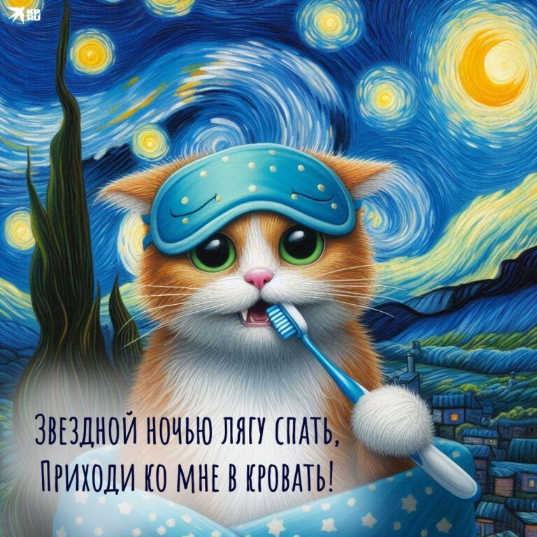 Открытка «Доброй ночи»: Спокойной ночи: Звездная ночь и милый кот. Тэги: Спокойной ночи, Спокойной ночи, с пожеланиями…