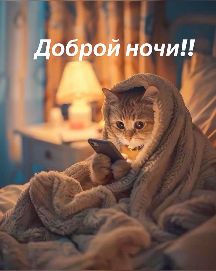 Открытка «Доброй ночи»: Доброй ночи: милый кот со смартфоном под пледом. Тэги: Спокойной ночи, Спокойной ночи, с поже…