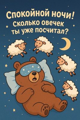 Открытка «Доброй ночи»: Спокойной ночи: прикольный медведь и овечки. Тэги: Спокойной ночи, Спокойной ночи, с пожелани…