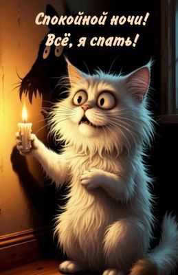 Открытка «Доброй ночи»: Доброй ночи: Смешной белый кот со свечой. Тэги: Спокойной ночи, Спокойной ночи, с пожеланиями…