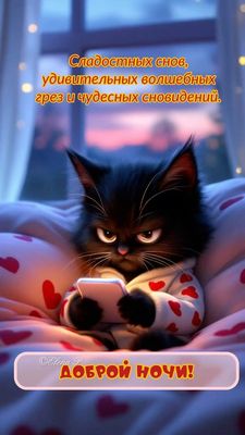 Открытка «Доброй ночи»: Доброй ночи: черный котик в пижаме с сердечками. Тэги: Спокойной ночи, грезы, Спокойной ночи…