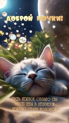 Открытка «Доброй ночи»: Спокойной ночи: милый котик и пожелание волшебных снов.