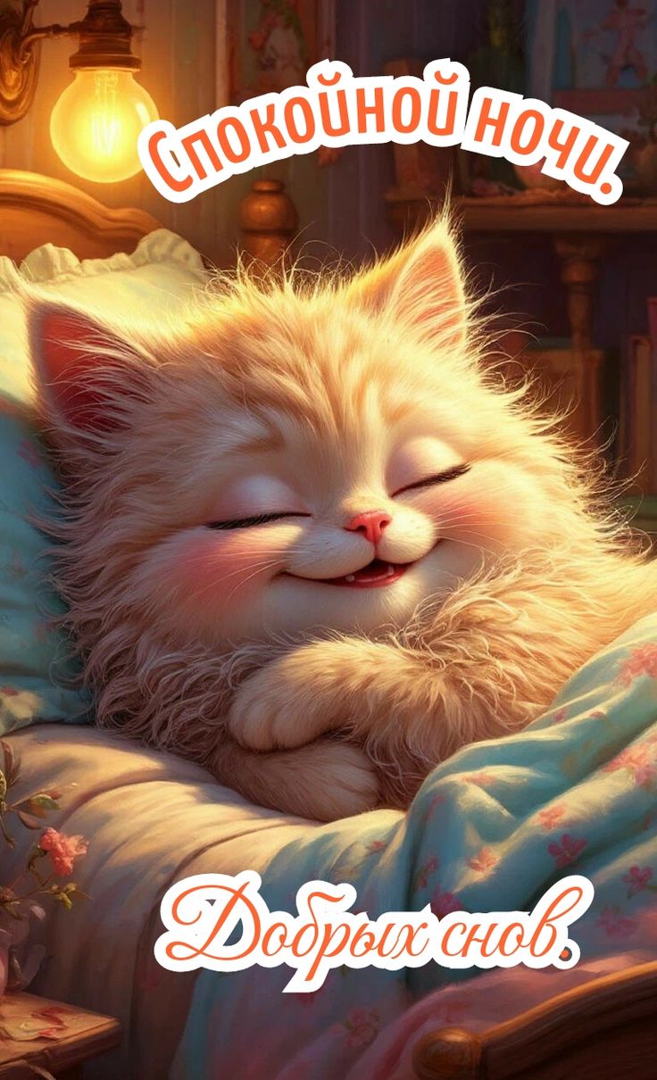 Открытка «Доброй ночи»: Доброй ночи: милый рыжий котик и пожелание добрых снов. Тэги: Спокойной ночи, Спокойной ночи…