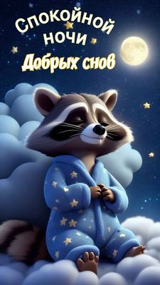 Открытка «Доброй ночи»: Спокойной ночи: милый енот и добрые сны. Тэги: Спокойной ночи, Спокойной ночи, с пожеланиями…