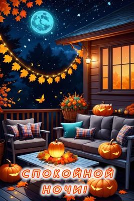 Открытка «Доброй ночи»: Спокойной ночи: Уютный вечер с тыквами. Тэги: Спокойной ночи, Спокойной ночи, красивые…