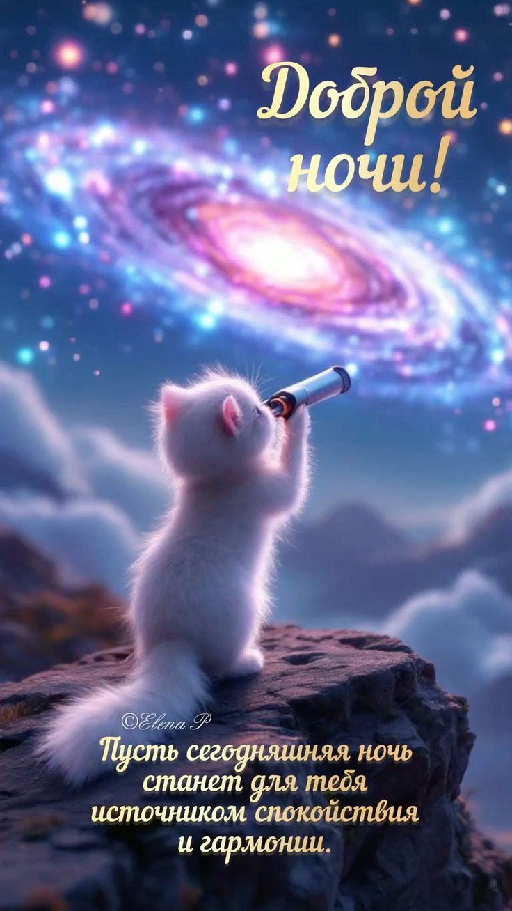 Открытка «Доброй ночи»: Спокойной и доброй ночи: «Котенок и далекая галактика». Тэги: галактика