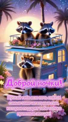 Открытка «Доброй ночи»: Доброй ночи: Милые еноты в трейлере. Тэги: Спокойной ночи, трейлер, Спокойной ночи, с пожелан…