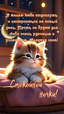 Открытка «Доброй ночи»: Спокойной ночи: милый котенок и пожелание отдыха. Тэги: Спокойной ночи, Спокойной ночи…