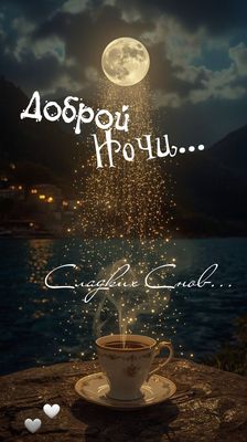Открытка «Доброй ночи»: Доброй ночи: «Сладких снов» у моря с чашкой кофе. Тэги: Спокойной ночи, Спокойной ночи…