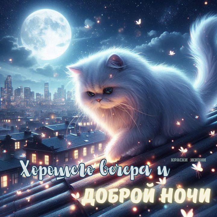 Открытка «Доброй ночи»: Добрый вечер и доброй ночи: Белый кот на крыше. Тэги: ночной
