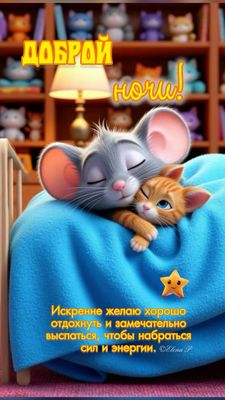 Открытка «Доброй ночи»: Доброй ночи: пожелание спокойного сна с мышонком и котенком. Тэги: Спокойной ночи, Спокойной…