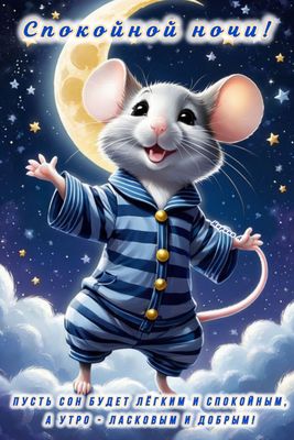Открытка «Доброй ночи»: Спокойной ночи: милый мышонок в пижаме. Тэги: Спокойной ночи, Спокойной ночи, с пожеланиями…