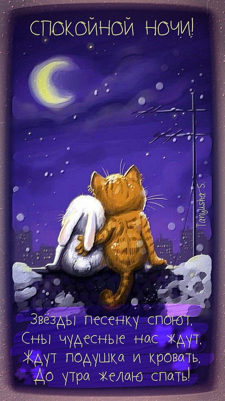 Открытка «Доброй ночи»: Спокойной ночи: Кот и заяц под луной. Тэги: Спокойной ночи, Спокойной ночи, с пожеланиями…