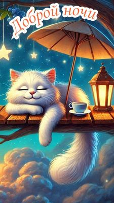 Открытка «Доброй ночи»: Спокойной и доброй ночи: «Сонный котик под зонтиком». Тэги: Спокойной ночи, Спокойной ночи…