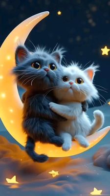 Открытка «Доброй ночи»: Доброй ночи: Милые котята на сказочном месяце. Тэги: Спокойной ночи, ночной, Спокойной ночи…