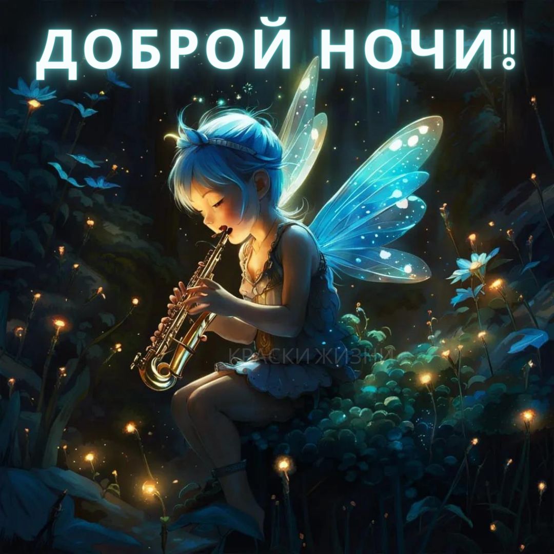 Открытка «Доброй ночи»: Спокойной и доброй ночи: сказочная фея с саксофоном. Тэги: Спокойной ночи, Спокойной ночи…