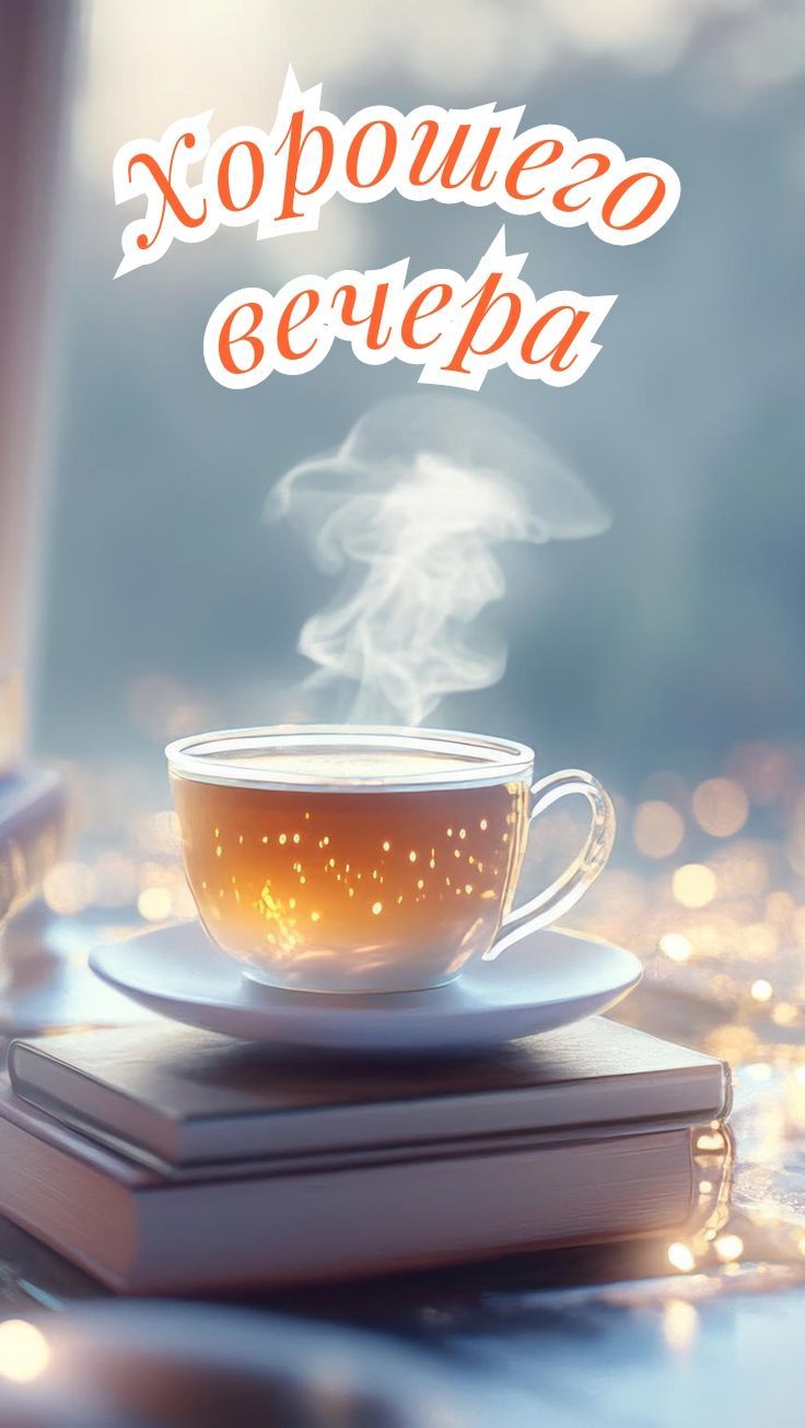 Открытка «Добрый вечер и пожелания»: Добрый вечер: чашка горячего чая для настроения. Тэги: Доброго вечера и хорошего…