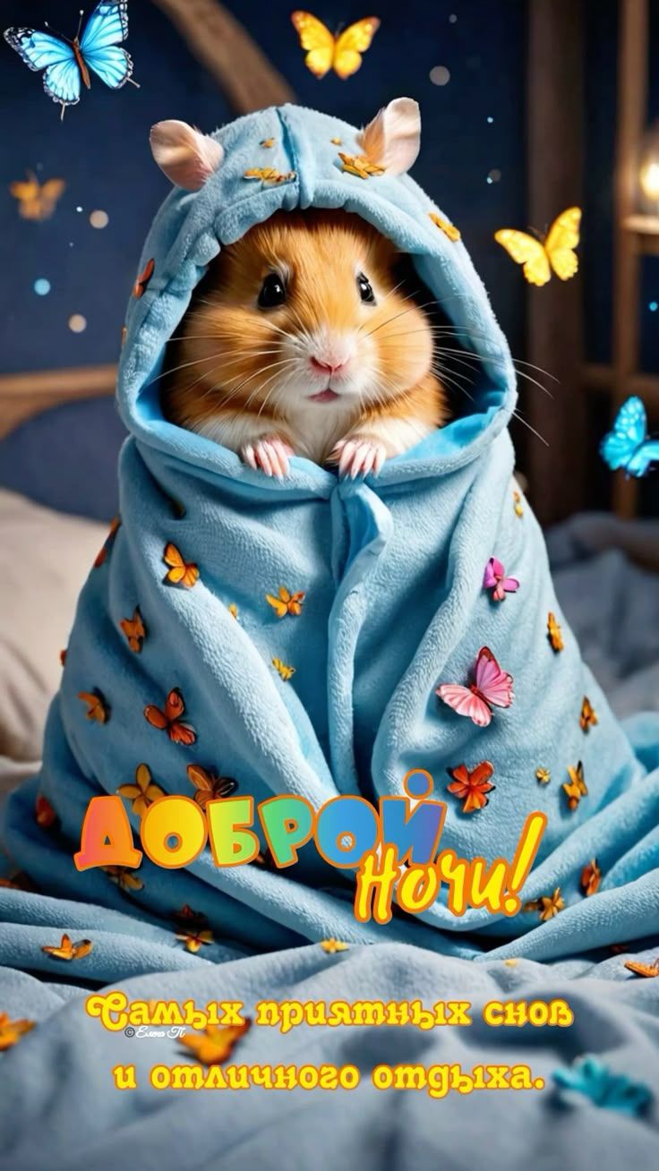 Открытка «Доброй ночи»: Доброй ночи: милый хомяк в пледе и приятные сны. Тэги: Спокойной ночи, Спокойной ночи, с поже…