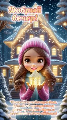 Открытка «Сказочный»: Добрый вечер: зимняя сказка и уютное пожелание. Тэги: зима, мороз, теплый, шапка, дерево…