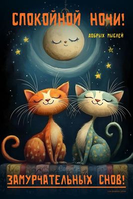 Открытка «Доброй ночи»: Спокойной ночи: Открытка с милыми котами и пожеланиями. Тэги: Спокойной ночи, Спокойной ночи…