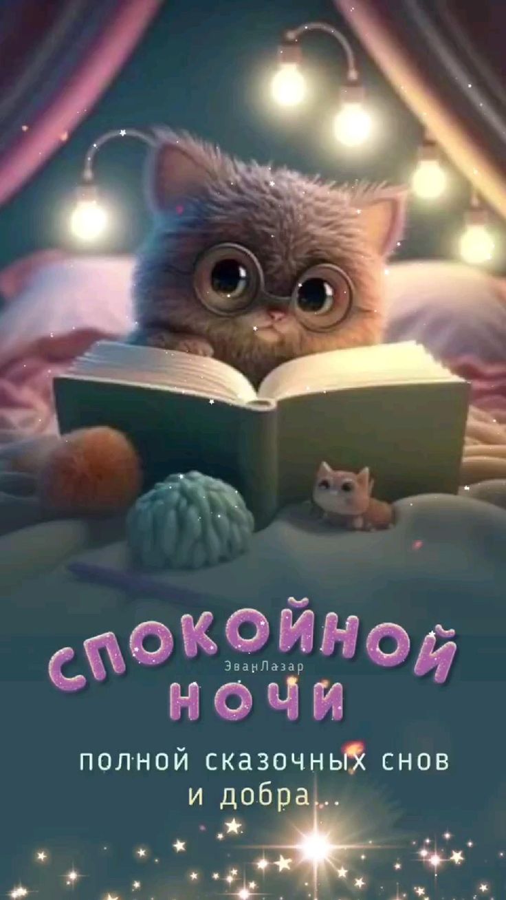 Открытка «Доброй ночи»: Спокойной ночи: Умный котик желает сказочных снов. Тэги: Спокойной ночи, Спокойной ночи…
