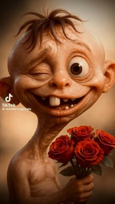 Открытка «Добрый день»: Добрый день: Смешной человечек с букетом роз. Тэги: Добрый день и добрые пожелания, Добрый де…