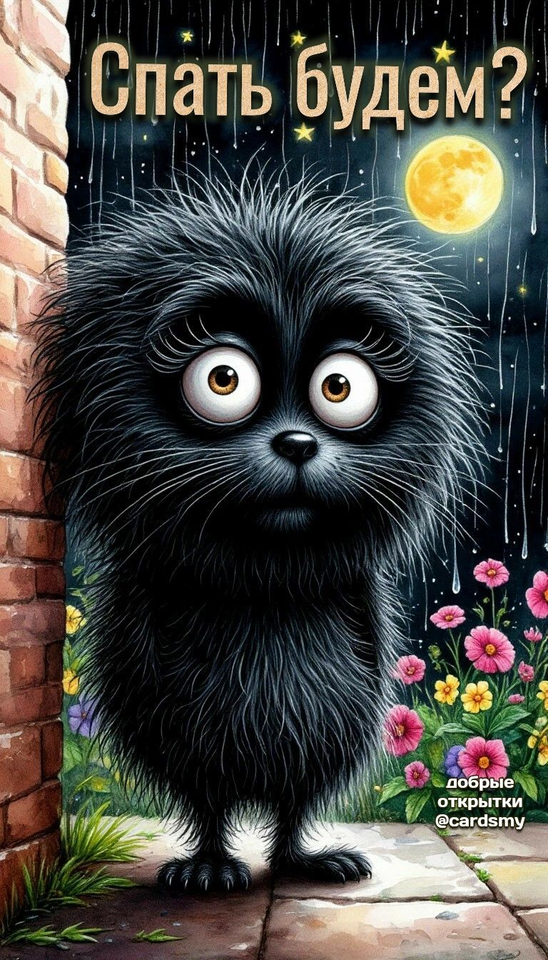 Открытка «Доброй ночи»: Спокойной ночи: прикольный пушистик и вопрос «Спать будем?». Тэги: Спокойной ночи, Спокойной…