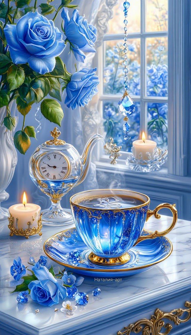 Открытка «С добрым утром»: С добрым утром: синие розы и ароматный кофе. Тэги: С добрым утром, для поднятия настроение…