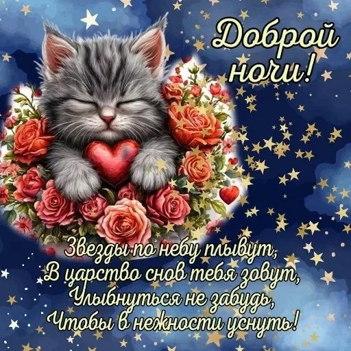 Открытка «Доброй ночи»: Доброй ночи: милый котик в розах и звездное небо. Тэги: Спокойной ночи, Спокойной ночи…