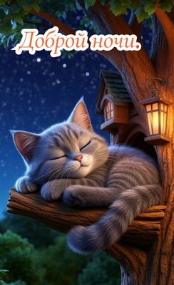 Открытка «Доброй ночи»: Доброй ночи: милый котик на дереве под звездным небом. Тэги: Спокойной ночи, Спокойной ночи…