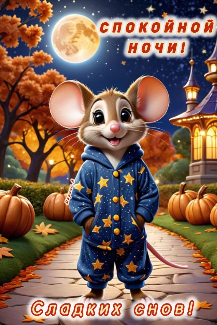 Открытка «Доброй ночи»: Доброй ночи: Мышонок в пижаме под большой луной. Тэги: Спокойной ночи, пожелание, радость…