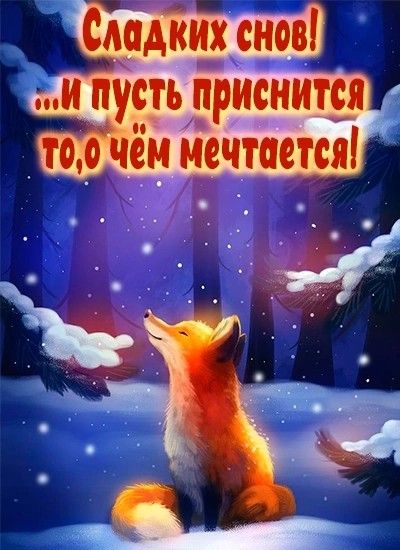 Открытка «Доброй ночи»: Доброй ночи: Сладких снов и лисичка в зимнем лесу. Тэги: Спокойной ночи, Доброй и спокойной н…