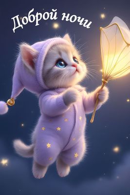 Открытка «Доброй ночи»: Доброй ночи: Милый котенок со звездочкой. Тэги: Спокойной ночи, Спокойной ночи, красивые…