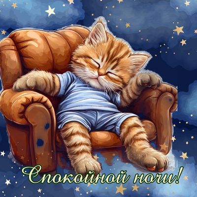 Открытка «Доброй ночи»: Спокойной ночи: милый рыжий кот в кресле. Тэги: Спокойной ночи, Спокойной ночи, с пожеланиями…