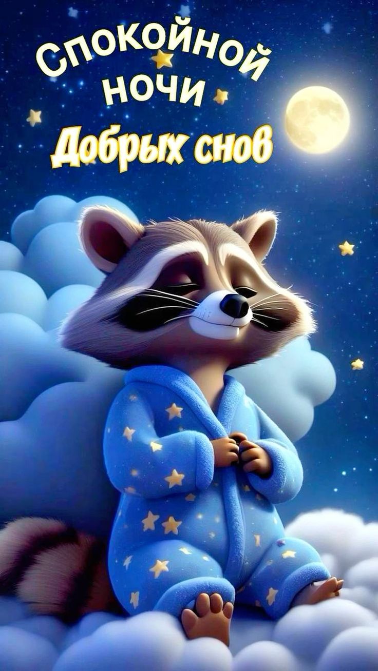 Открытка «Доброй ночи»: Спокойной ночи: милый енот на облаке. Тэги: Спокойной ночи, Спокойной ночи, с пожеланиями…