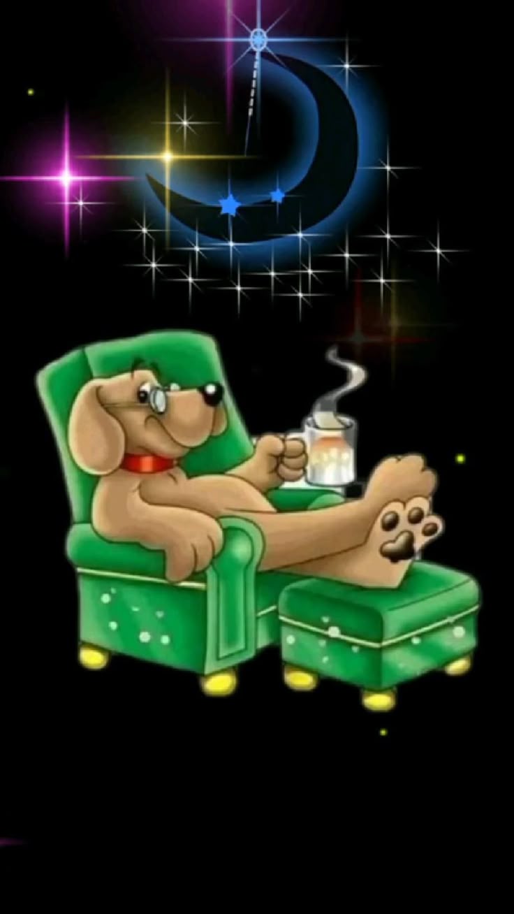 Открытка «Доброй ночи»: Спокойной ночи: прикольный пес в кресле под луной. Тэги: Спокойной ночи, Спокойной ночи…