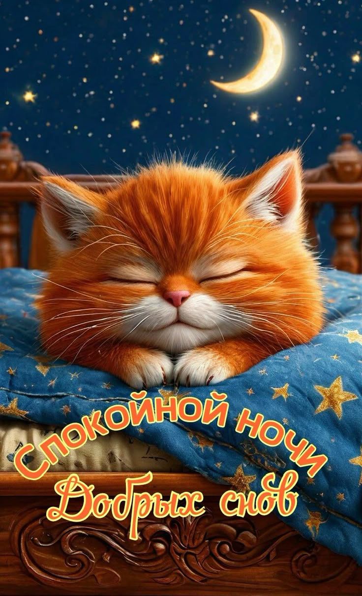 Открытка «Доброй ночи»: Спокойной ночи: рыжий котик и пожелание добрых снов. Тэги: Спокойной ночи, Спокойной ночи…