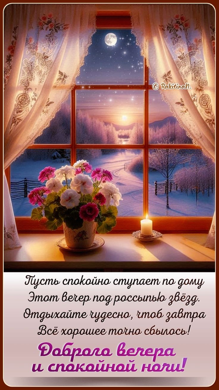 Открытка «Спокойной ночи»: Добрый вечер и спокойной ночи: зимняя сказка у окна. Тэги: Добрый вечер и пожелания…